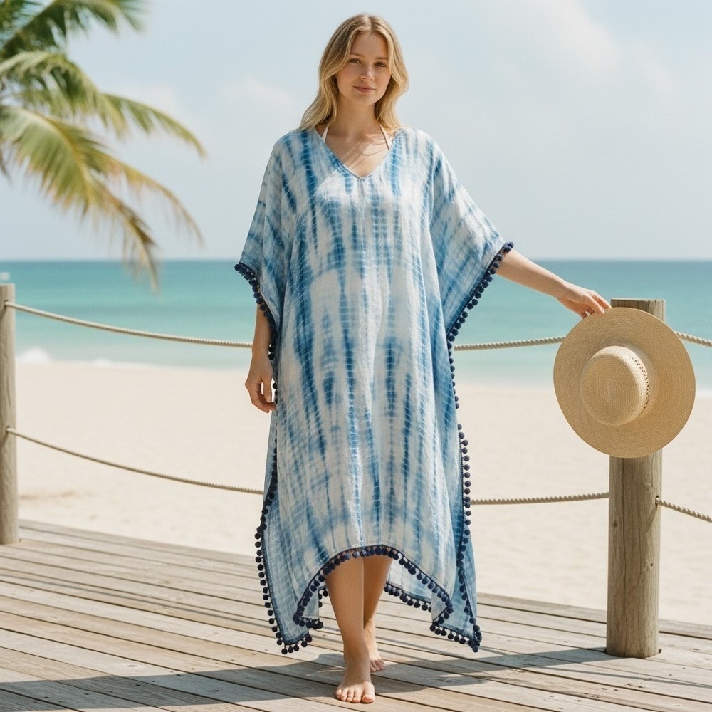 Debbie Katz Kaftan Women L Blue Tie Dye Silk Pom Pom Trim Cover Up